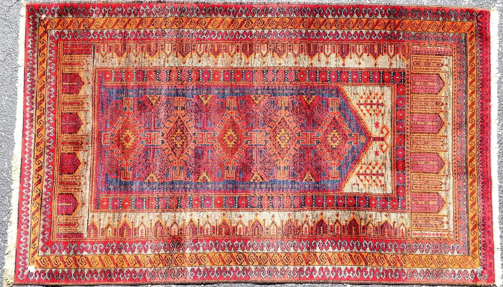 CAUCASIAN STYLE PRAYER RUG: RED AND INDIGO WITH GREY ACCENTS. 42.5"X72"