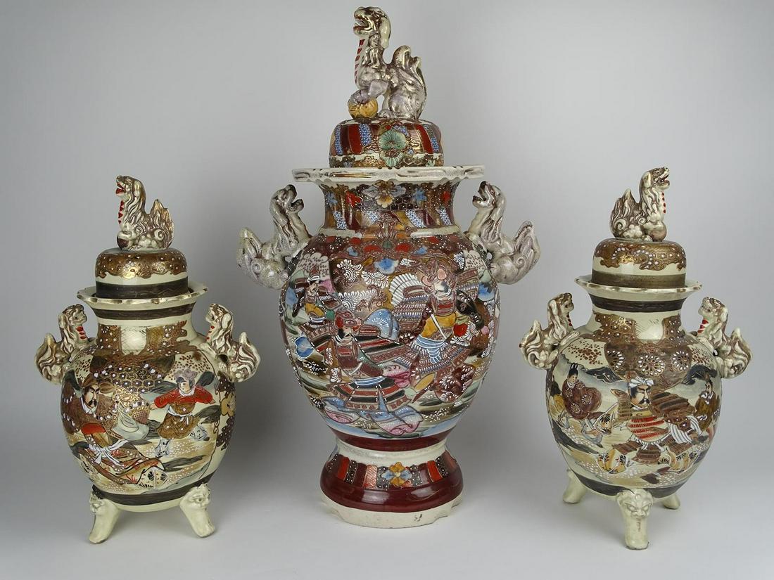 JAPANESE SATSUMA POTTERY GARNITURE: SET OF 3, FOO DOG FINIALS, 16" AND 24"