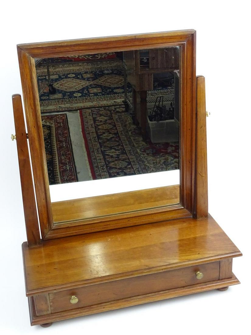 STICKLEY GENTLEMAN'S SHAVING MIRROR: HAVING DRAWER AND ARTICULATING MIRROR. LABELED. 18.75"X22"