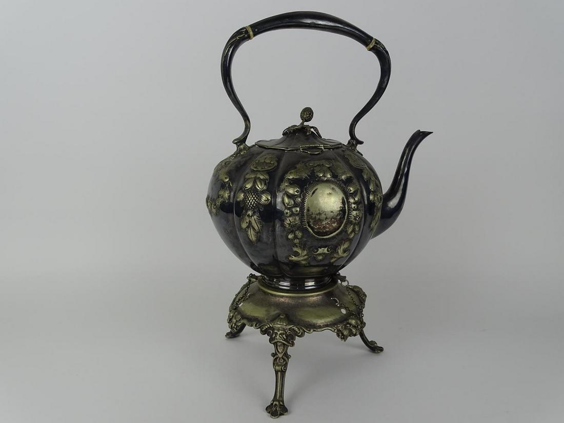 GEORGIAN KETTLE: SILVER PLATE, TILTING KETTLE ON STAND. 17"