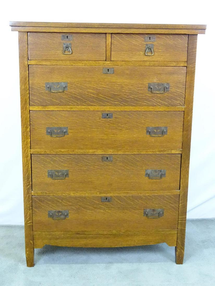 AFTER STICKLEY MISSION OAK CHEST OF DRAWERS: A NICE CRAFTSMAN STYLE CHEST, UNSIGNED. 35"X48.5"X20"