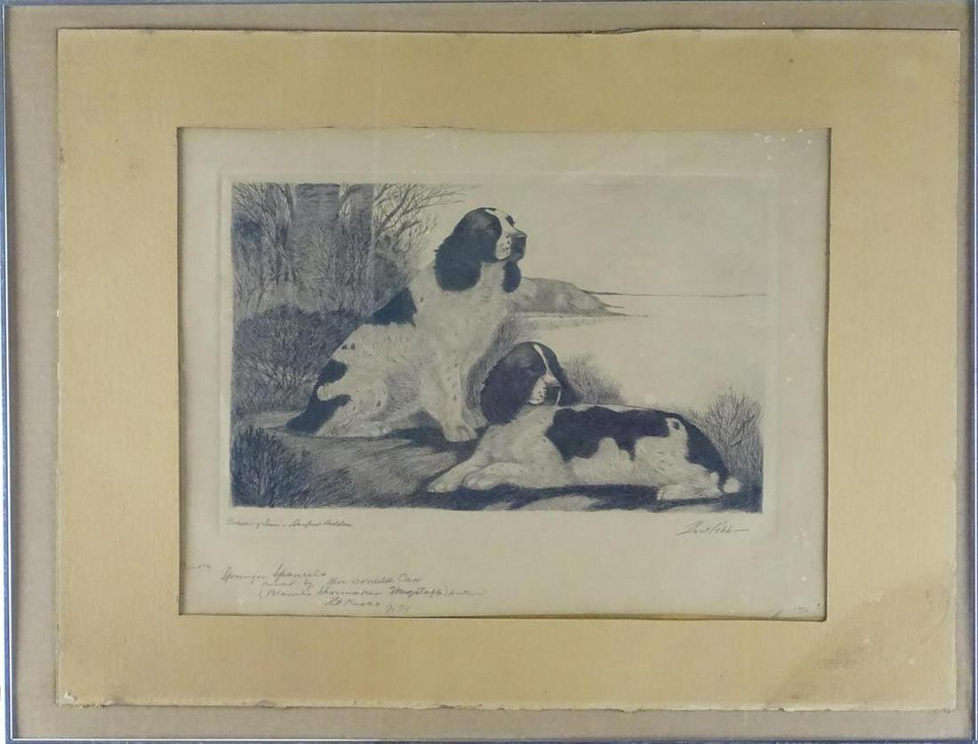 BERT COBB (AMERICAN, 20TH C.) DRY POINT ETCHING: DEPICTION OF SPRINGER SPANIELS. "OWNED BY MRS. DONALD CARR, N.Y. CESAR AND HASFORD." SIGNED, 26"X20"