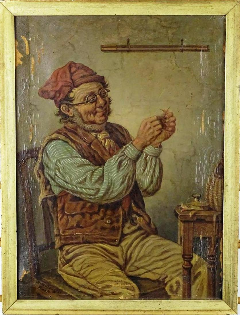 WILLIAM WILLOUGHBY (ENGLAND, 19TH C.) PAINTING: DEPICTION OF OLD MAN MAKING FISHING LURES. SIGNED W. WILLOUGHBY PINXIT. LOWER LEFT. OIL ON REEVES & SONS CANVAS. MULTIPLE AREAS OF FINISH LOSS.12"X16"