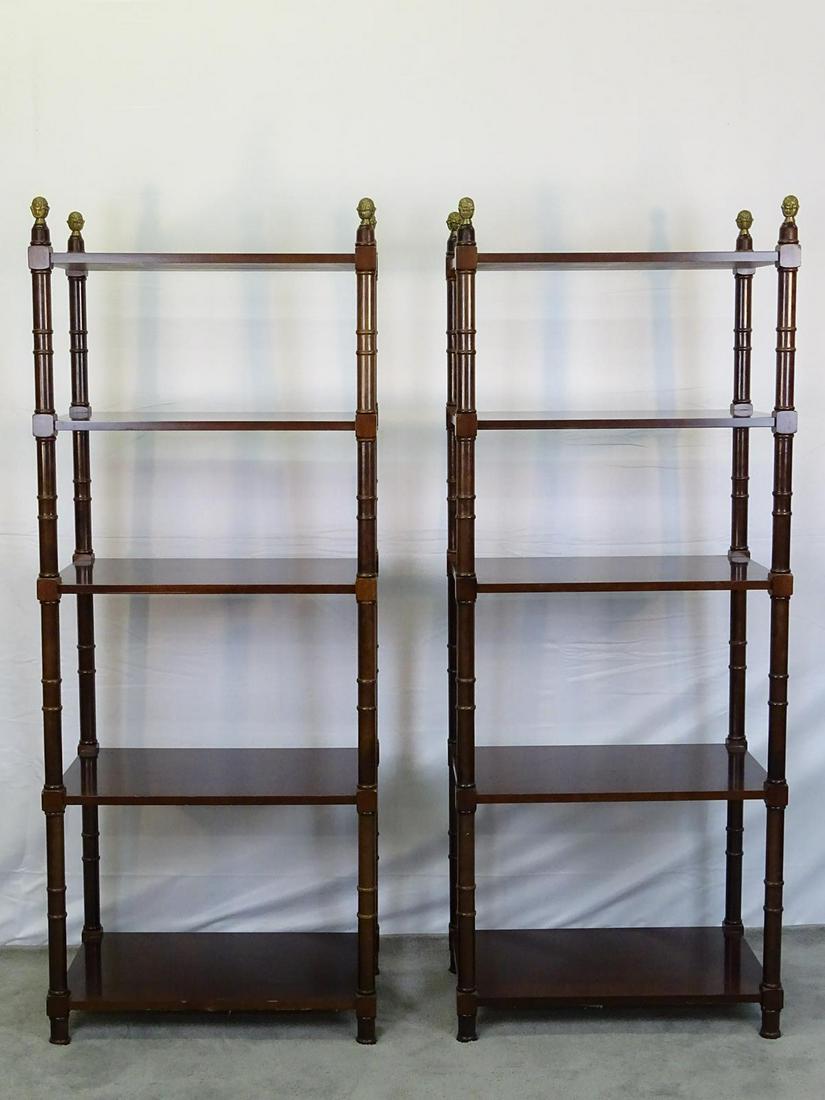 PAIR - BOMBAY CO. CHERRY OPEN BOOKCASES: OVERALL GOOD CONDITION. MINOR WEAR CONSISTENT WITH AGE AND USE. 26.5"X16.5"X66.5"