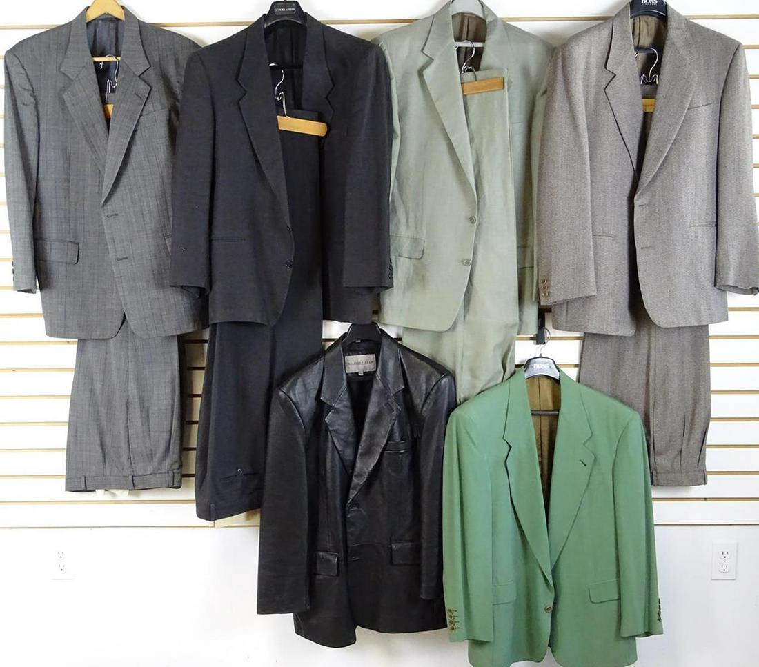 LOT OF MEN'S SUITS: INCLUDES 4 SUITS (PANTS AND JACKETS) AND 2 EXTRA COATS. GIANFRANCO FERRE, HUGO BOSS, GEORGIO ARMANI, JOSEPH ABBOUD, MILEPOST 4. PANTS ARE APPROX. 32" INSEAM AND 32" WASTE, JACKETS ARE 40R, LEATHER JAC
