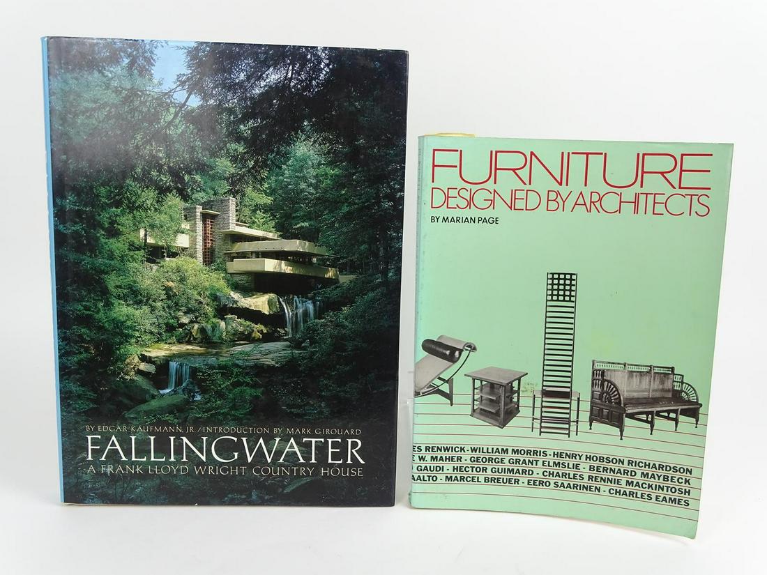 PAIR OF ARCHITECTURE/FURNITURE BOOKS: "FURNITURE DESIGNED BY ARCHITECTS" BY PAGE (PAPERBACK, 224 PAGES), "FALLING WATER, A FRANK LLOYD WRIGHT COUNTRY HOUSE" BY KAUFMANN, JR. (HARDOVER WITH JACKET, 190 PAGES). BOTH IN GOOD CONDITION