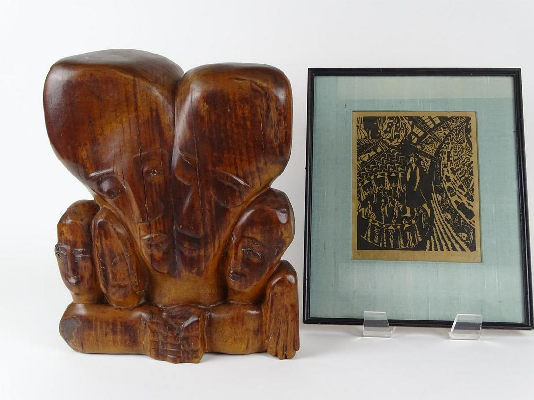 MIRIAM SOMMERBERG (AMERICAN, 1900-1980) ART PAIR: INCLUDES WOOD CUT 11"X13" AND WOOD CARVING (13"H).