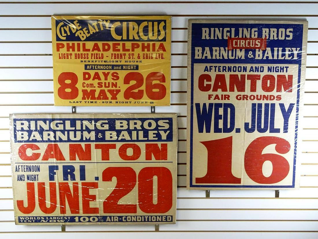 3 VINTAGE CIRCUS POSTERS: 2 FOR RINGLING BROS. AND BARNUM & BAILEY CIRCUS AND 1 FOR CLYDE BEATTY CIRCUS.