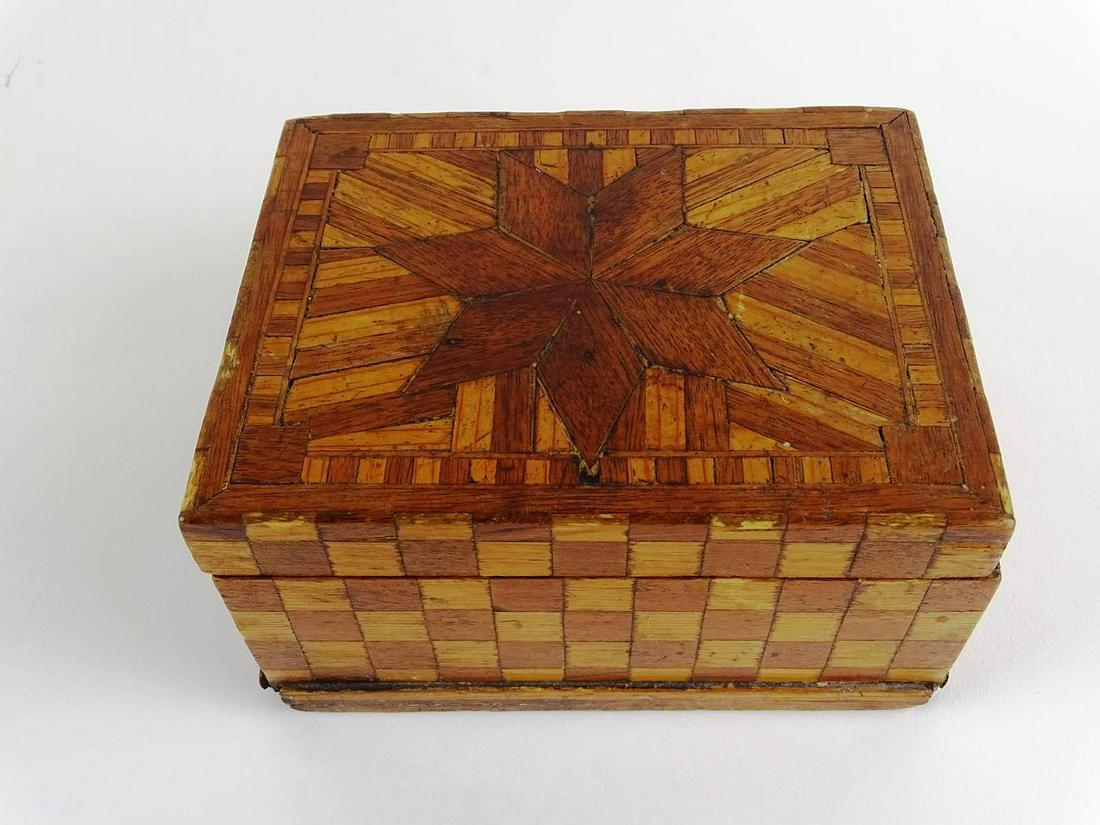 ARTS & CRAFTS PERIOD PARQUETRY BOX: INSCRIBED 1932. 6"X3"X4.5"