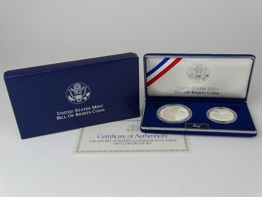 1993 BILL OF RIGHTS TWO-COIN SET: OGP, PROOF SILVER DOLLAR AND CLAD HALF DOLLAR
