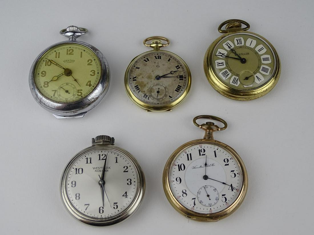 5 VINTAGE/ANTIQUE POCKETWATCHES: GRUEN, WESTCLOX(2), MENTOR, HAMILTON. SOME ARE RUNNING