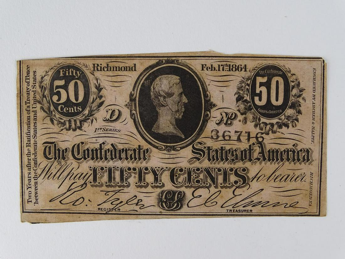 1864 CONFEDERATE FIFTY CENT NOTE: SEE TITLE