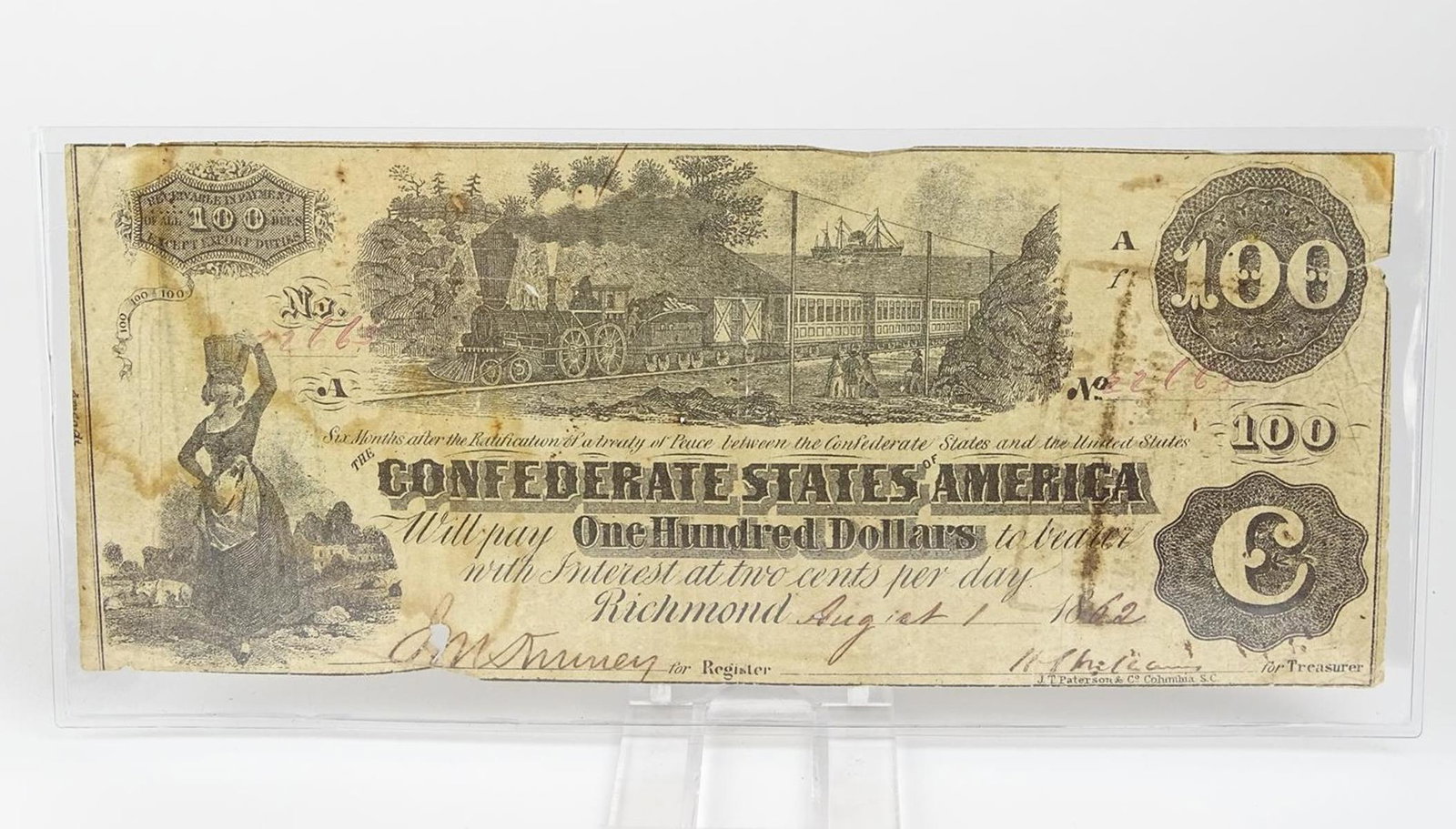 1862 CONFEDERATE $100 NOTE: SEE TITLE