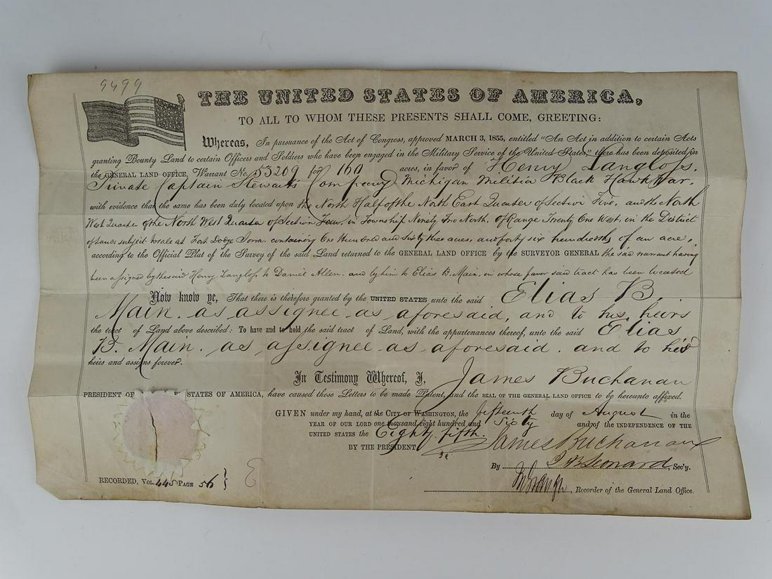 1860 U.S. LAND GRANT - JAMES BUCHANAN: 160 ACRE LAND GRANT. SIGNED BY JAMES BUCHANAN, THE 15TH PRESIDENT OF THE UNITED STATES OF AMERICA. FOLDS.