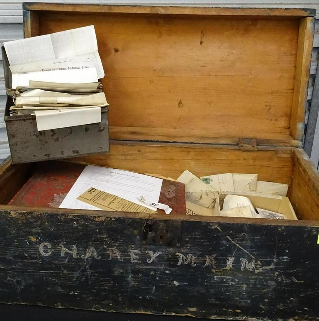 EPHEMERA HISTORY OF THE MAIN FAMILY: ALTONA, ILLINOIS. CONTAINS HISTORICAL RECORD OF THE FORMING OF THE CITY INCLUDING LEDGERS, RECEPTS, AND MORE. INCLUDES TRUNK IN WHICH WAS STORED FOR OVER 150+ YEARS. ENVIRONMENTAL DAMAGE, SOLD AS IS.