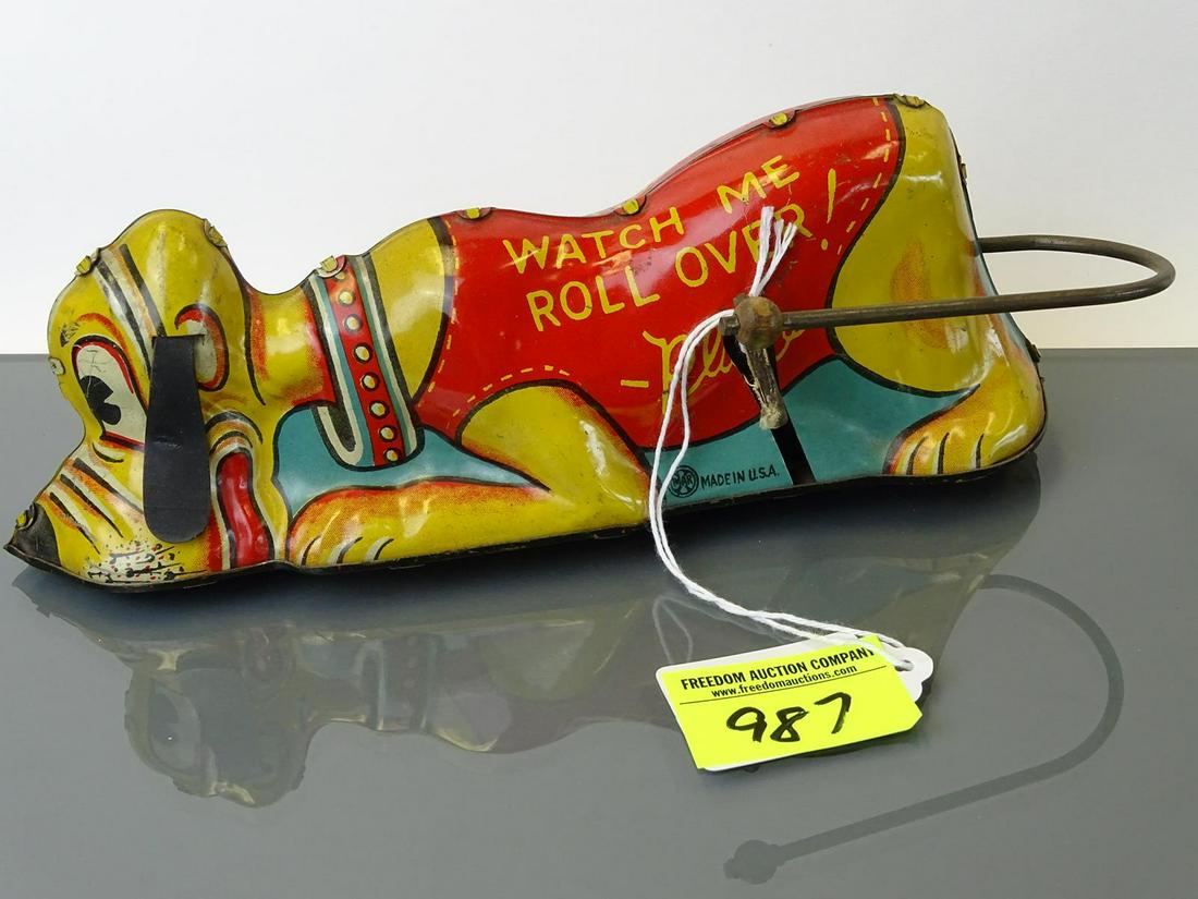 MARX TOYS TIN LITHO ANIMATED DOG: WATCH ME ROLL OVER WIND UP ACTION. 10"L