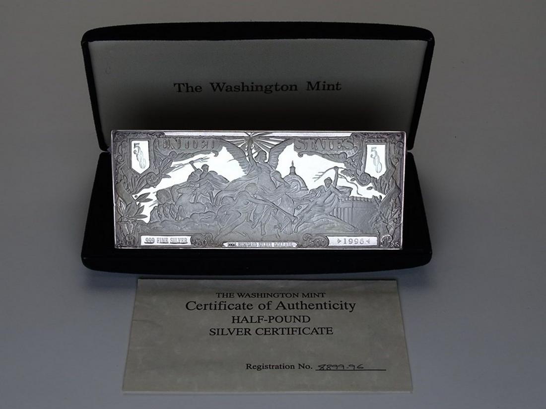 HALF-POUND SILVER BAR: .999 FINE SILVER, WITH CERTIFICATE