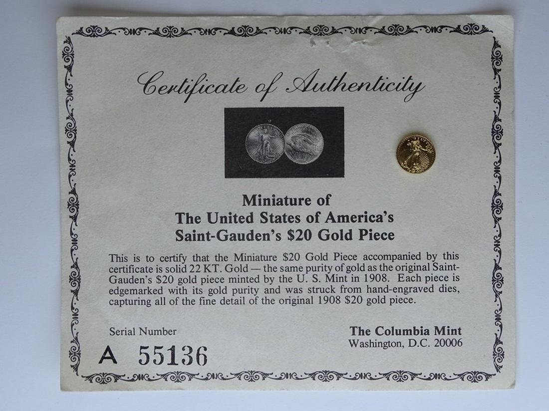 MINATURE ST. GAUDENS GOLD COIN: REPRODUCTION ST. GAUDENS IN DIMINUTIVE FORM, 22K GOLD, .5 G