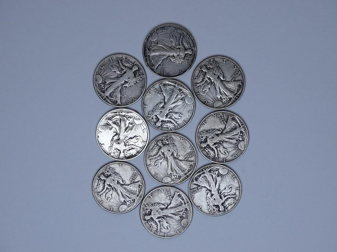 10 MIXED DATE WALKING LIBERTY HALF DOLLARS (1 of 1)