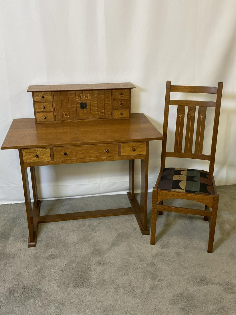 HARVEY ELLIS - L & J.G. STICKLEY MISSION COLLECTION: CLASSIC STICKLEY DESIGN DESK AND CHAIR. LABELED, LATE 20TH CENTURY. UPPER CABINET IS REMOVABLE.