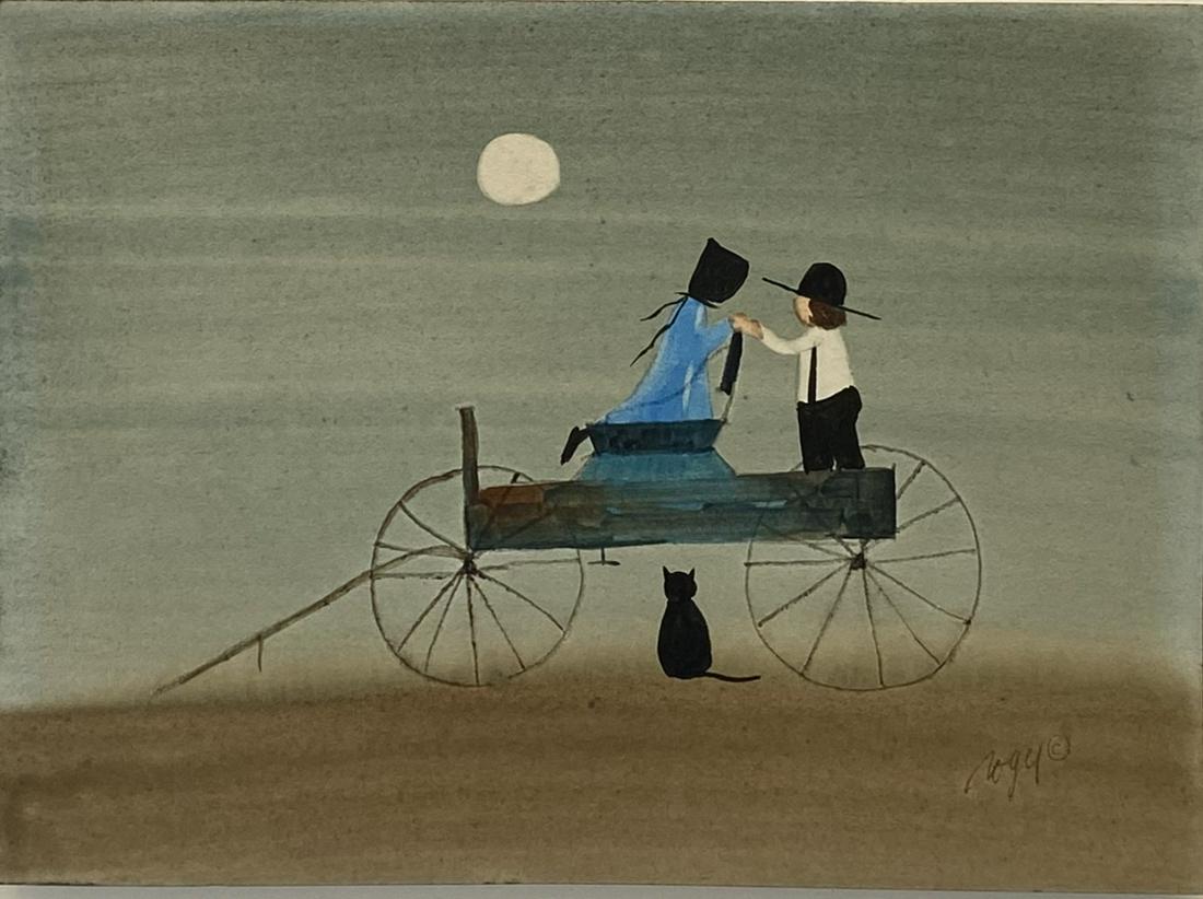 ROGER HAAS (AMERICAN, 20TH C.) PAINTING: PASTEL ON PAPER OF AMISH COUPLE ON BUGGY. MATTED, 9"X12" OVERALL.