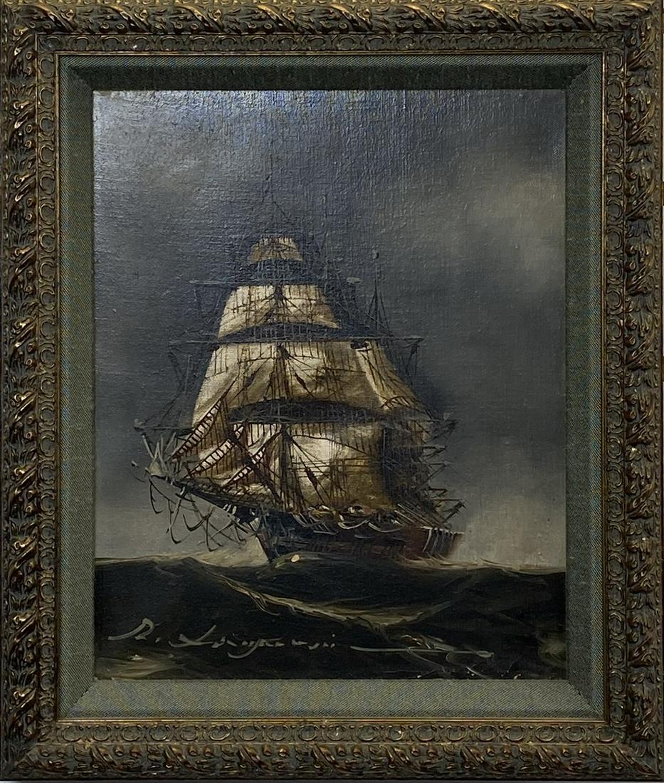RENATO LONGANESI PAINTING OF SHIP: ITALY, 20TH C. 10"X12.5"