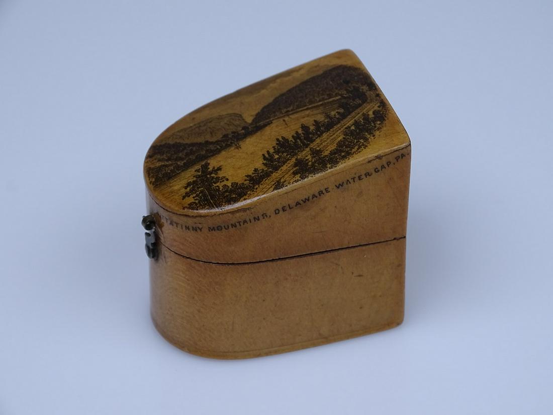 MAUCHLINE WARE SOUVENIR THIMBLE CASE: DEPICTION OF KITTATINNY MOUNTAINS, DELAWARE.