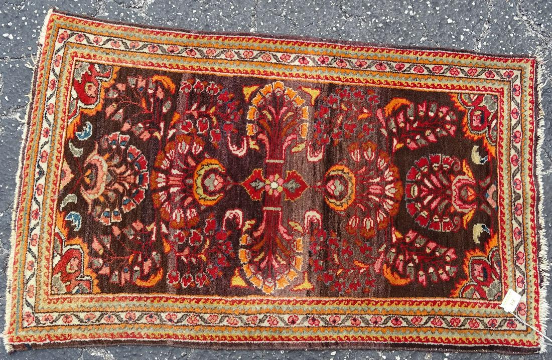 TRIBAL-STYLE AREA RUG: WOOL, HANDMADE. 3'6"X2'1". ALL RUGS SOLD AS IS WITH SOME NEEDING TO BE CLEANED. ANY FLAWS WILL BE NOTED.
