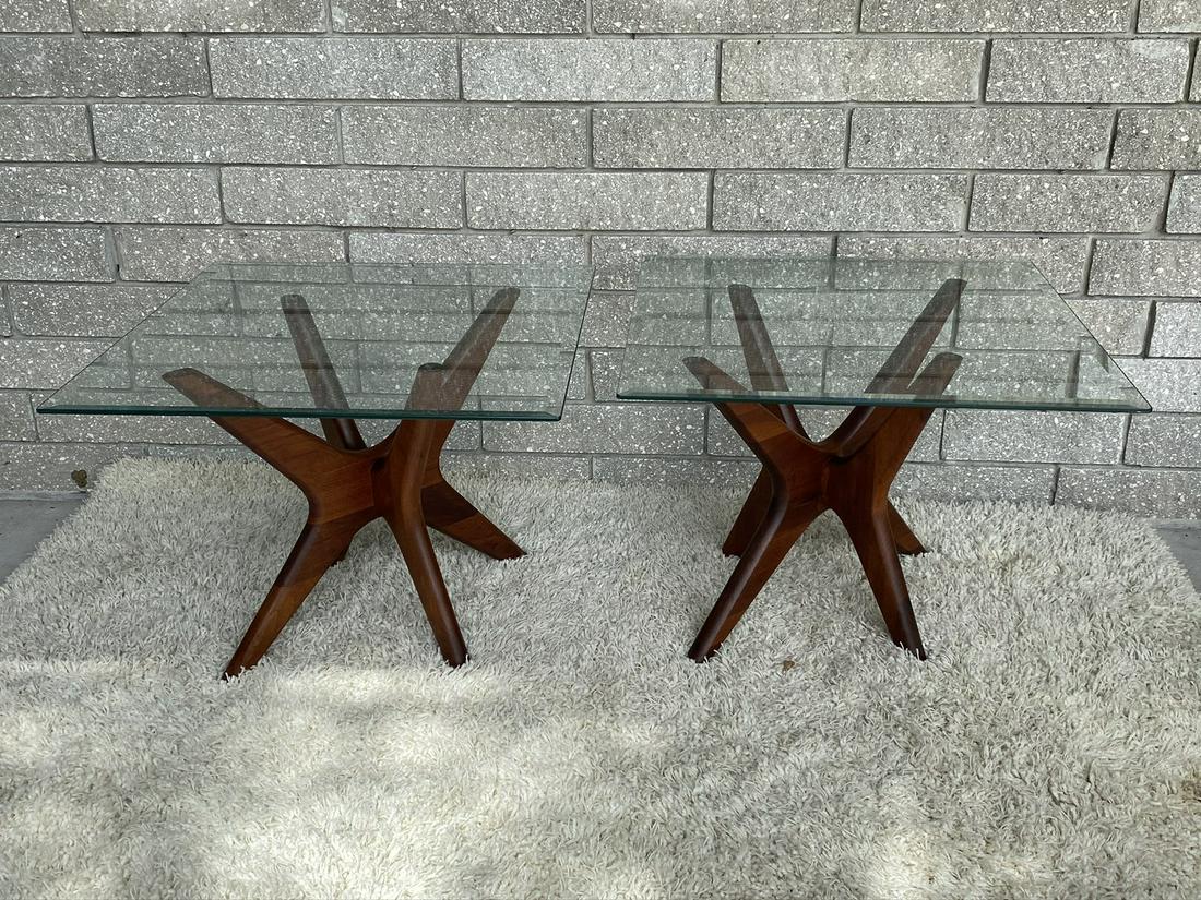 ADRIAN PEARSALL JAX SIDE TABLES: REPLACEMENT MODERN GLASS, JAX BASES IN EXCELLENT CONDITION.