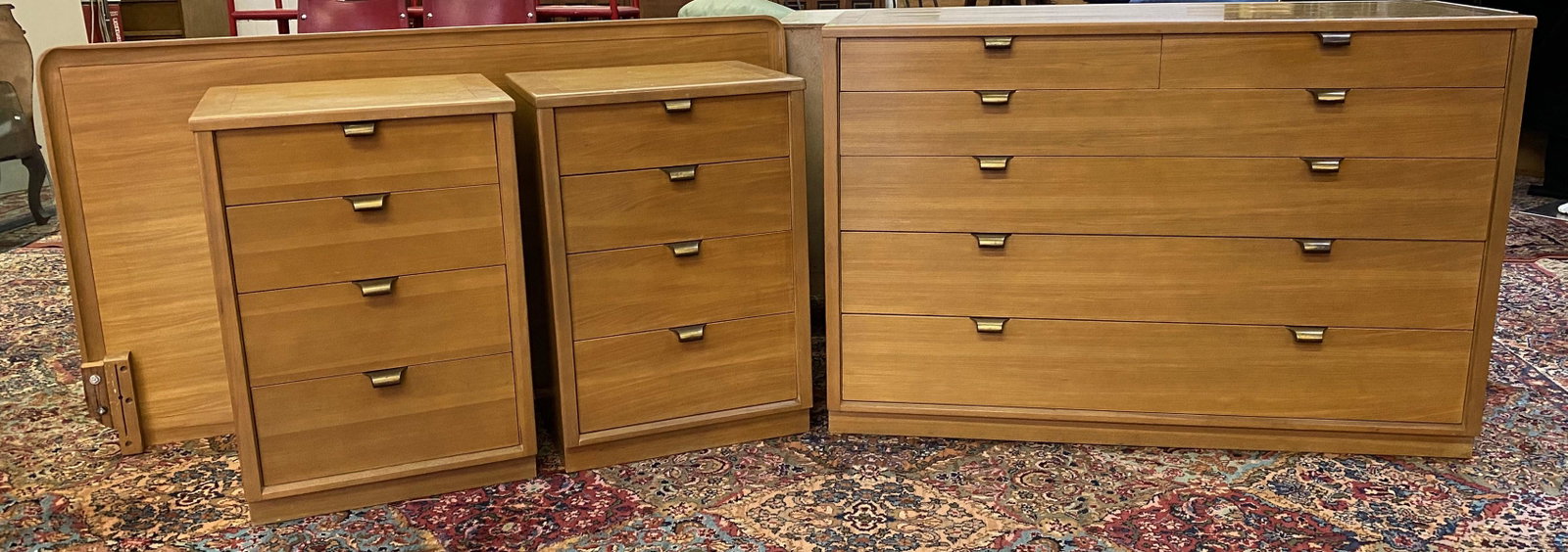 EDWARD WORMLEY FOR DREXEL BEDROOM: DREXEL PRECENDENT, C.1948. INCLUDES DRESSER, 2 BED-SIDE STANDS AND 59" HEADBOARD. MINOR WEAR, SUPERFICIAL SCRATCH IN THE TOP OF DRESSER APPROX. 3".