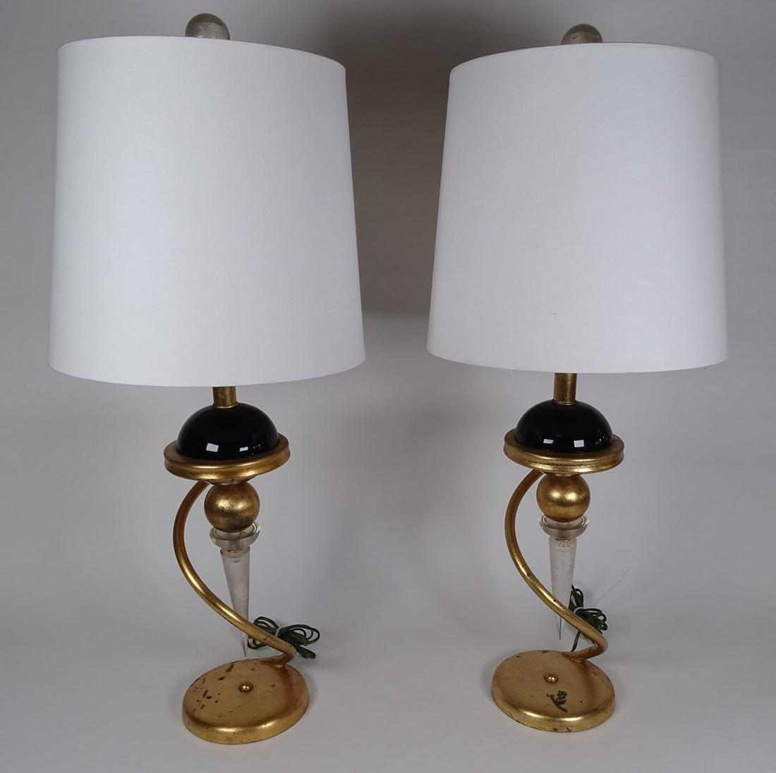 PAIR - VAN TEAL ATOMIC TABLE LAMPS: TAPERED ACRYLIC CONE GILT IRON STRUCTURE. ORIGINAL ACRYLIC FINIAL. 31" OVERALL.