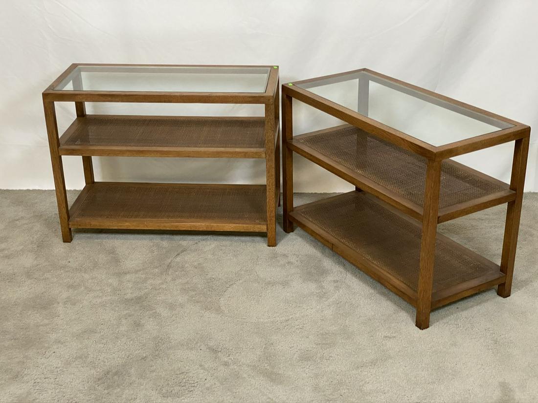 PAIR - MODERN SIDE TABLES: HAVING GLASS AND CANE SHELVES. 14"W, 30"D, 22"H