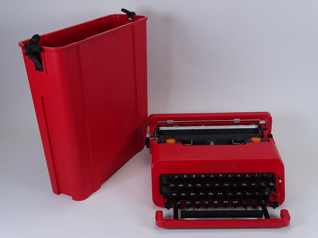 ETTORE SOTTSASS-OLIVETTI VALENTINE TYPEWRITER: After sixty years of work, Sottsass felt that he had become known solely for this "red machine" that "came out a mistake." He had intended it to be an inexpensive portable with no lowercase letters, n