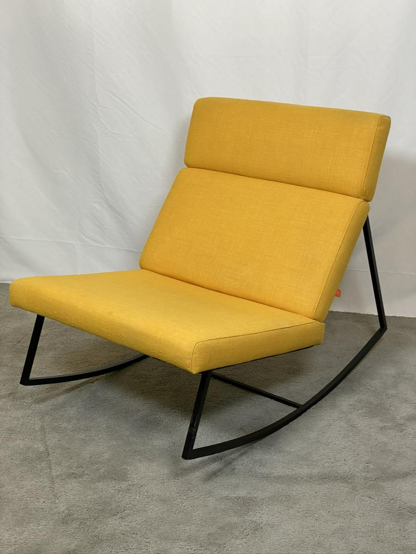 GUS MODERN DESIGN GROUP CHAIR: ROCKING CHAIR WITH IRON FRAME, MINOR SPOTS, WEAR TO UPHOLSTERY