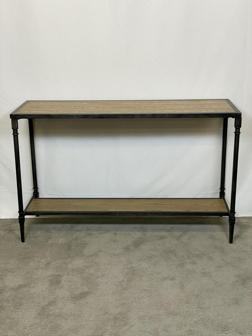 DECORATOR'S CONSOLE TABLE: FAUX WOOD MOUNTED IN METAL STRUCTURE. 48"W, 30"H, 16"D