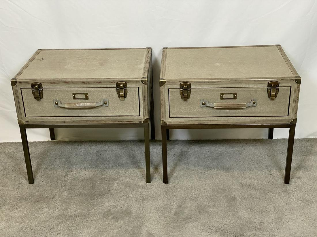 PAIR - GLASTON DISTRESSED KHAKI TRUNK NIGHTSTANDS: BOTH WITH SPOTS AND WEAR. 22"W, 17"D, 20.5"H