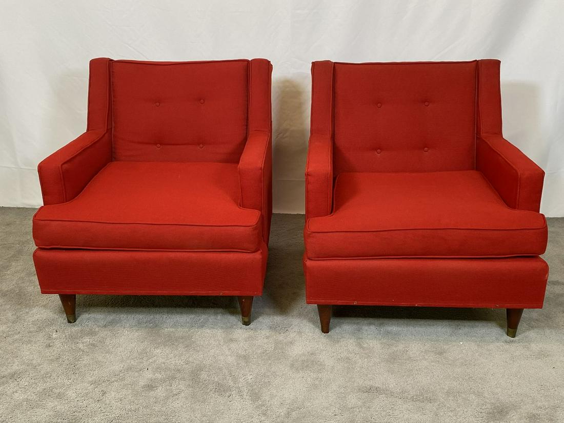 PAUL MCCOBB INSPIRED LOUNGE CHAIRS: PAIR HAVING RED CLOTH UPHOLSTERY. A FEW MINOR SPOTS THAT MAY NEED CLEANING. OVERALL GOOD CONDITION.