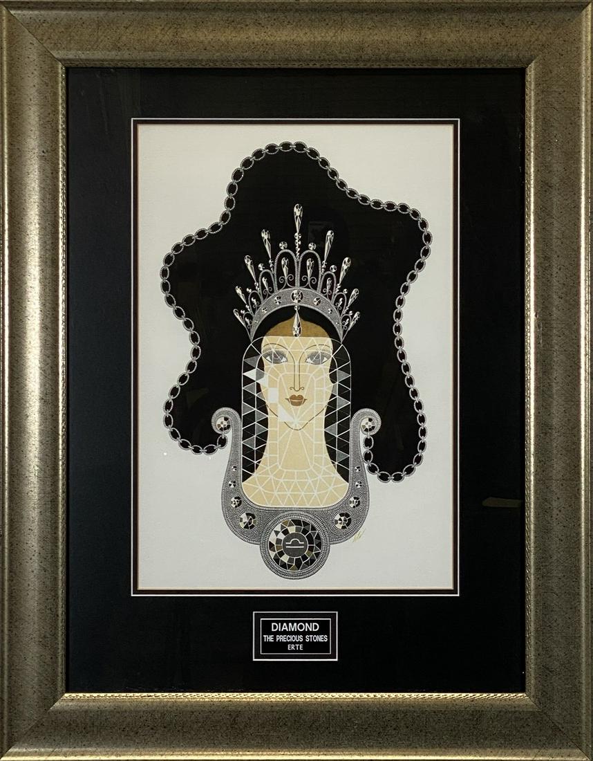 ERTE THE PRECIOUS STONES SERIES "DIAMOND" SERIGRAPH: ERTE (ROMAINE DE TURNOFF, RUSSIAN-FRENCH, 1892-1990). CUSTOM SILVERIZED FRAME. PEN SIGNED. 25.5"X.2.5"
