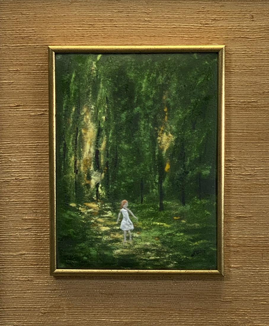 MAX KARP (AMERICAN, 20TH C.) ENAMELED PAINTING: IN VINTAGE FRAM WITH GRASS CLOTH MATTING. MOUNTING IS LOOSE AND HAS BEEN SECURED WITH TAPE ON REVERSE. 17"X20"