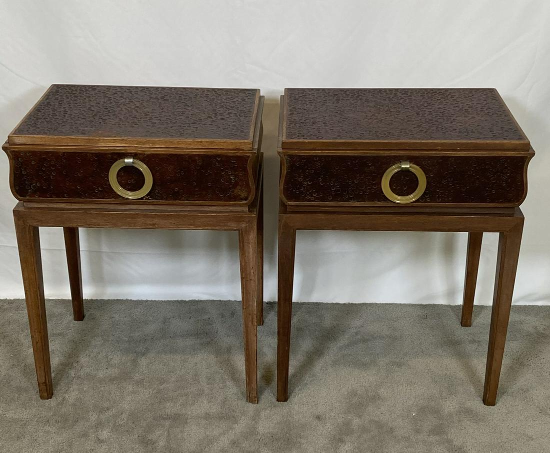 DOROTHY DRAPER STYLE SIDE TABLES: HAVING APPLIED, TOOLED LEATHER TOP AND DRAWER FACE. WEAR CONSISTENT WITH AGE AND USE.