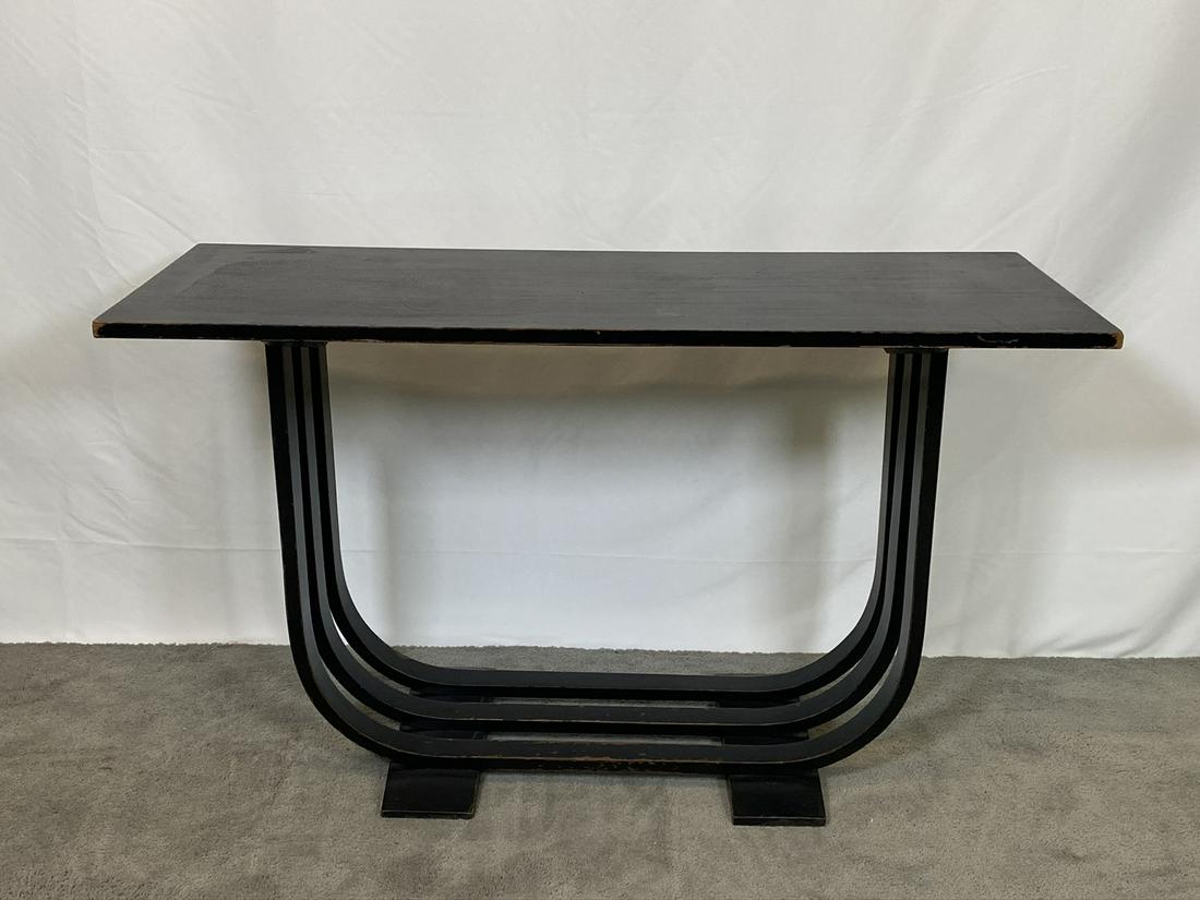 HEYWOOD WAKEFIELD CONSOLE TABLE: ART DECO DESIGN. HAVING SURFACE WEAR. LABELED.