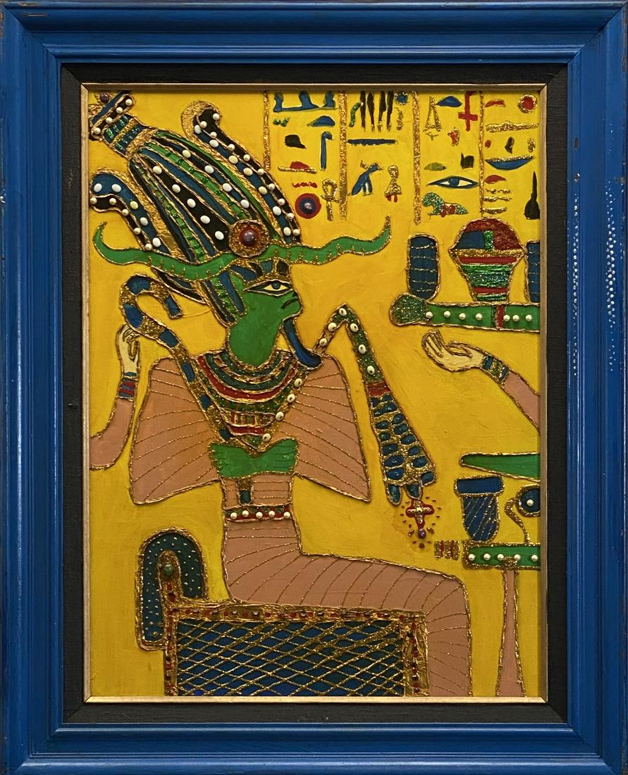 WILLIAM VERDULT (DUTCH, 20TH C.) PAINTING: UNTITLED, FROM VERDULT'S "KING TUT SERIES". MIXED MEDIA WITH GOLD FLECK ACCENTS, BEADED EMBELLISHMENTS. SIGNATURE NOT APPARENT. COBALT WOOD FRAME. 25"X30"