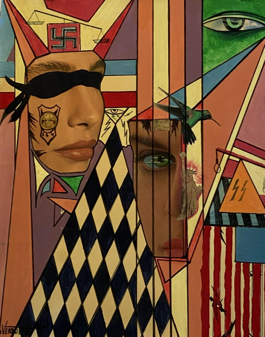 WILLIAM VERDULT (DUTCH, 20TH C.) PAINTING: CORRUPT WITHIN" SURREALIST PAINTING, MIXED MEDIA ON ARTIST PAPER. 22.5"X28