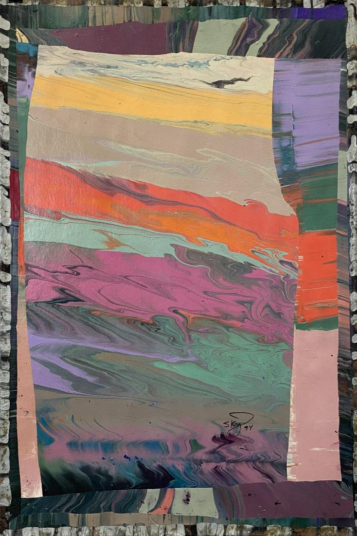 SKY JONES (MICHAEL WHIPPLE) ORIGINAL PAINTING: SKY JONES (AMERIAN, 20TH C.) "AUTUMN SUNSET" ACRYLIC ON PAPER. SIGNED. 20"X30"