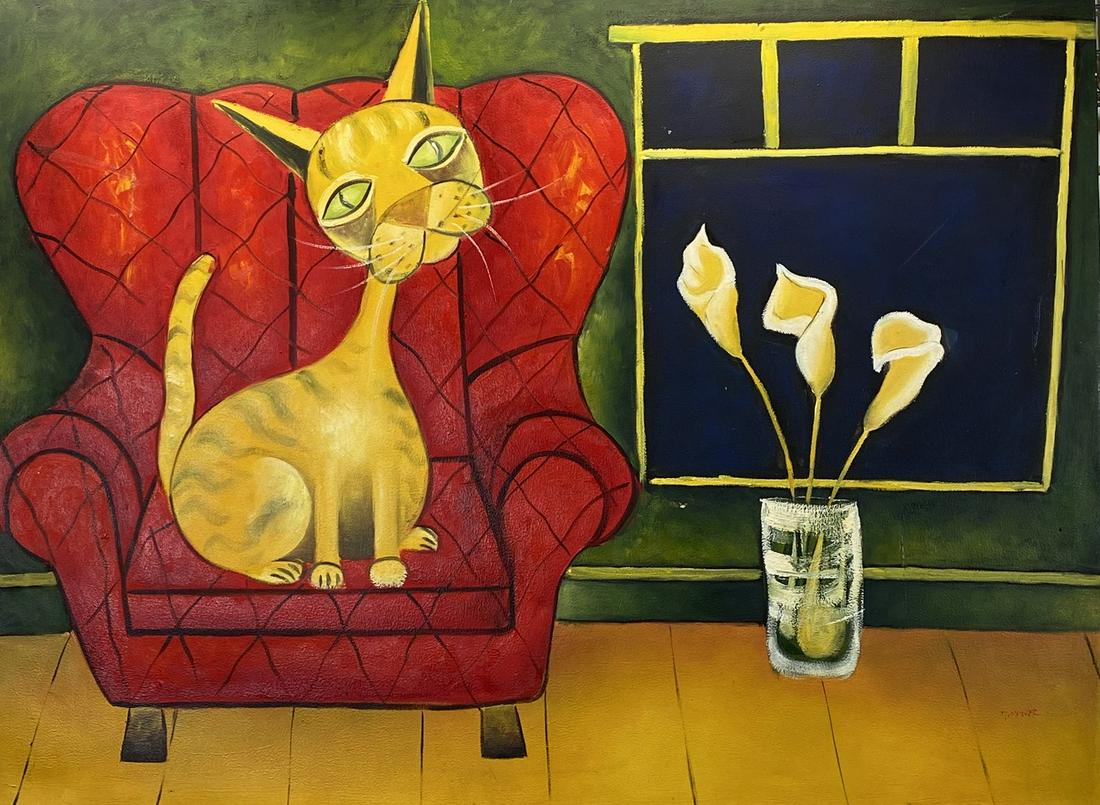 POP-ART "CAT IN CHAIR" PAINTING: SIGNED ILLEGIBLE. 48"X36"