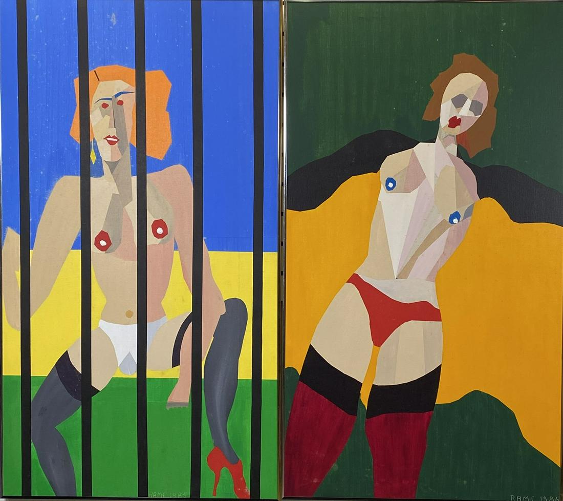 ROBERT A.M. COPPENRATH PAINTINGS: ROBERT A.M. COPPENRATH (BELGIUM, 20TH C.) "TRANSVESTITE IN AMSTERDAM". PAIR. BOTH WITH SOME LOSS/STAINING TO CANVAS. 28"X50"