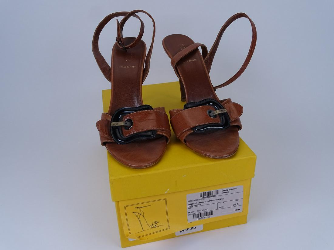 FENDI STILETTO SANDALS: BONE AND BLACK LEATHER, SIZE 8.5. WITH BOX, LIGHTLY USED. SCAR TO RIGHT HEAL.