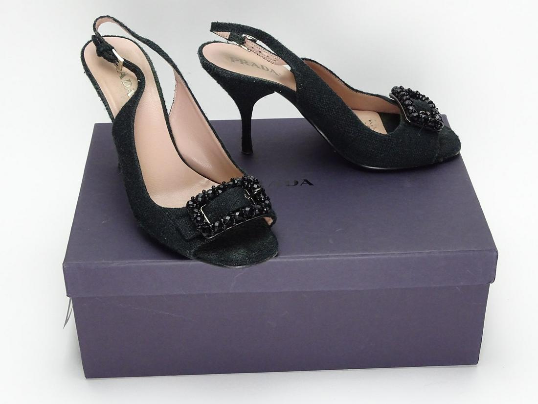 PRADA SLINGBACK HEALS: OPEN TOE, SLINGBACK STILETTO, WITH BOX AND DUST BAG. SLIGHT WEAR. SIZE 8.