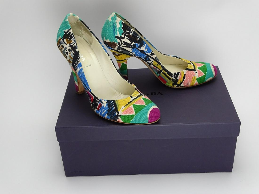 PRADA CANAPA PUMPS: DESIGNER CANVAS PATTERN, WITH BOX, SIZE 9. LIGHT WEAR