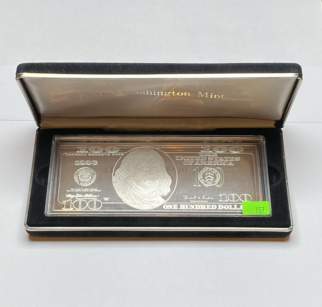 $100 SILVER PROOF BAR: 999 FINE SILVER, 4 TROY OUNCES. WITH CERTIFICATE AND BOX